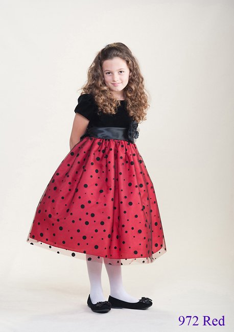 Girls Red Polka Dots Flower Sash Christmas Dress